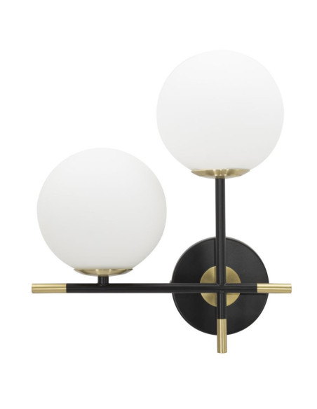 Applique murale design art déco 2 boules Verre Blanc Métal Noir Doré Darky 