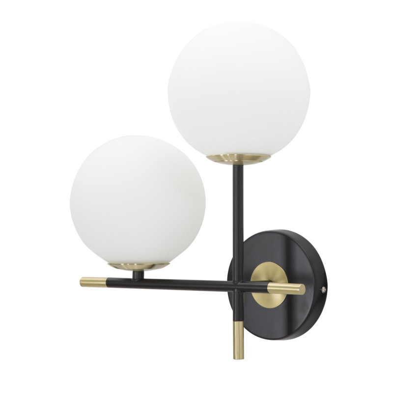 Applique murale design art déco 2 boules Verre Blanc Métal Noir Doré Darky 