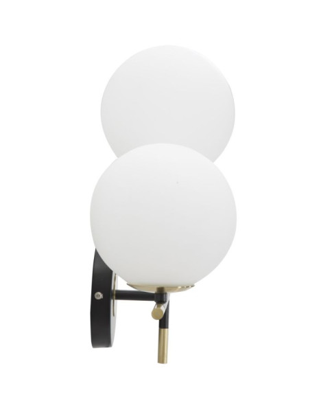 Applique murale design art déco 2 boules Verre Blanc Métal Noir Doré Darky 