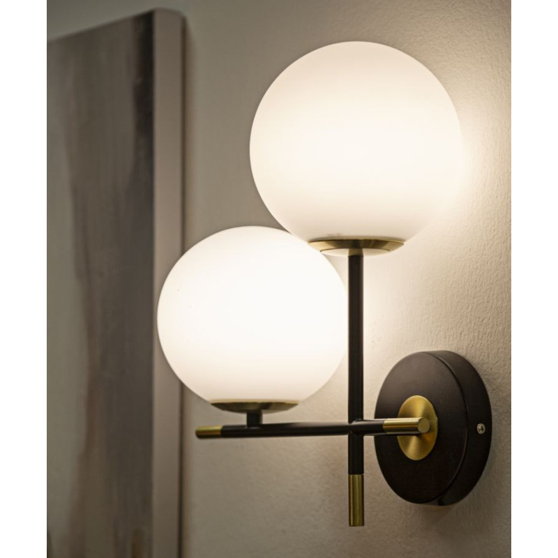 Applique murale design art déco 2 boules Verre Blanc Métal Noir Doré Darky 