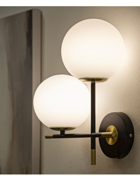 Applique murale design art déco 2 boules Verre Blanc Métal Noir Doré Darky 