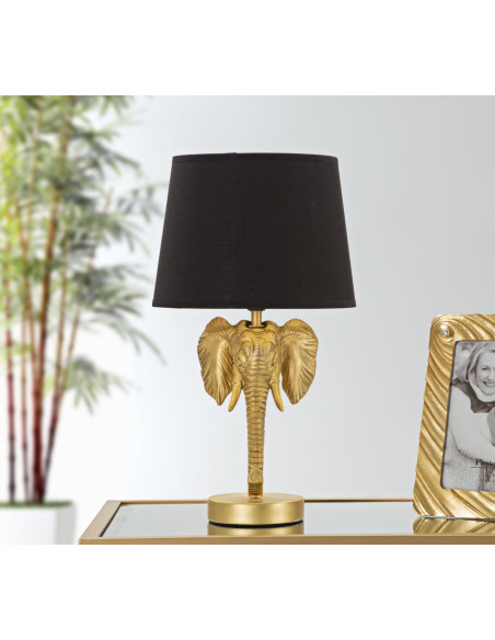 Lampe à poser design original Éléphant Résine Métal Doré Tissu Noir Elefante H 43 cm 
