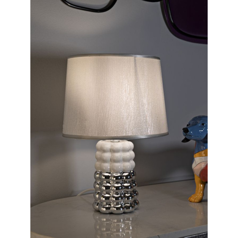 Lampe à poser design chic Céramique Argenté Blanc Tissu Métal Lace H 33 cm 