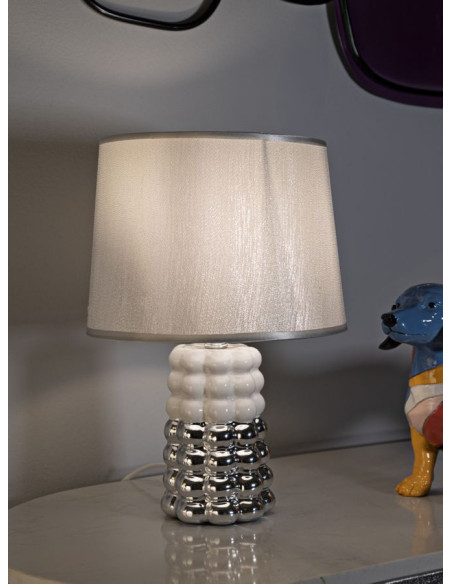 Lampe à poser design chic Céramique Argenté Blanc Tissu Métal Lace H 33 cm 
