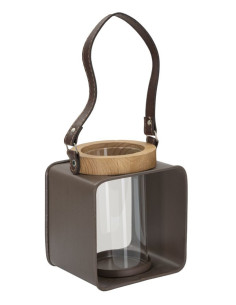 Photophore lanterne industrielle chic Métal Marron Verre Transparent Bois de sapin Naturel Glassy H18 cm 