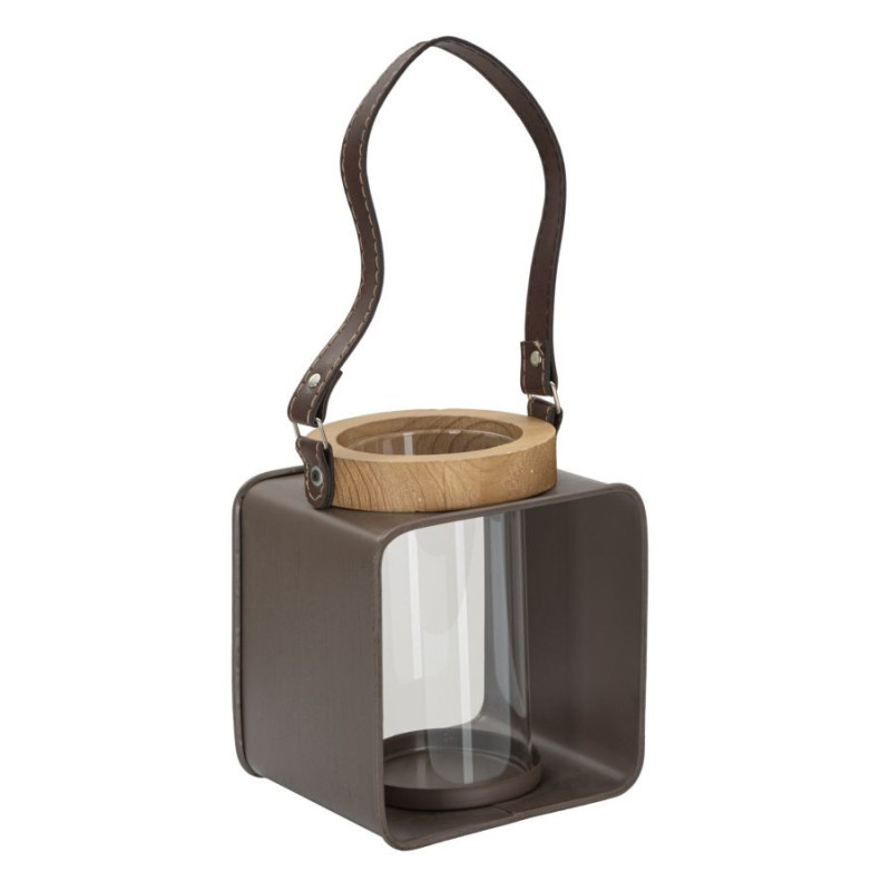 Photophore lanterne industrielle chic Métal Marron Verre Transparent Bois de sapin Naturel Glassy H18 cm 