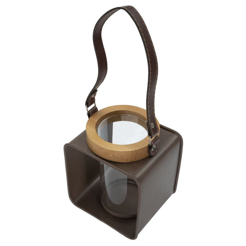 Photophore lanterne industrielle chic Métal Marron Verre Transparent Bois de sapin Naturel Glassy H18 cm 