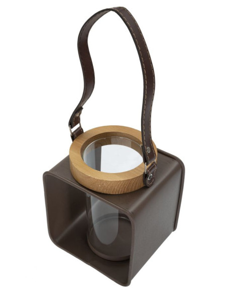 Photophore lanterne industrielle chic Métal Marron Verre Transparent Bois de sapin Naturel Glassy H18 cm 