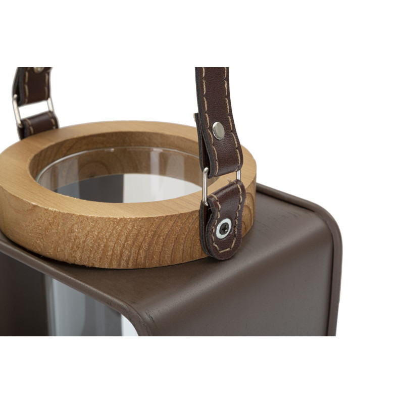 Photophore lanterne industrielle chic Métal Marron Verre Transparent Bois de sapin Naturel Glassy H18 cm 