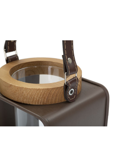 Photophore lanterne industrielle chic Métal Marron Verre Transparent Bois de sapin Naturel Glassy H18 cm 