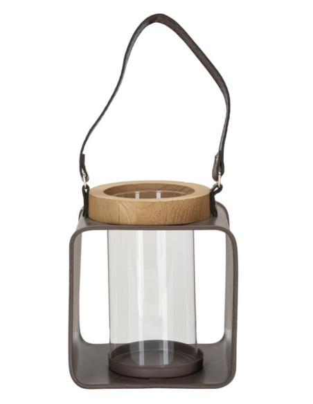 Photophore lanterne industrielle chic Métal Marron Verre Transparent Bois de sapin Naturel Glassy H18 cm 