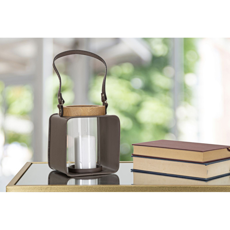 Photophore lanterne industrielle chic Métal Marron Verre Transparent Bois de sapin Naturel Glassy H18 cm 