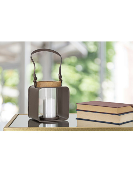 Photophore lanterne industrielle chic Métal Marron Verre Transparent Bois de sapin Naturel Glassy H18 cm 