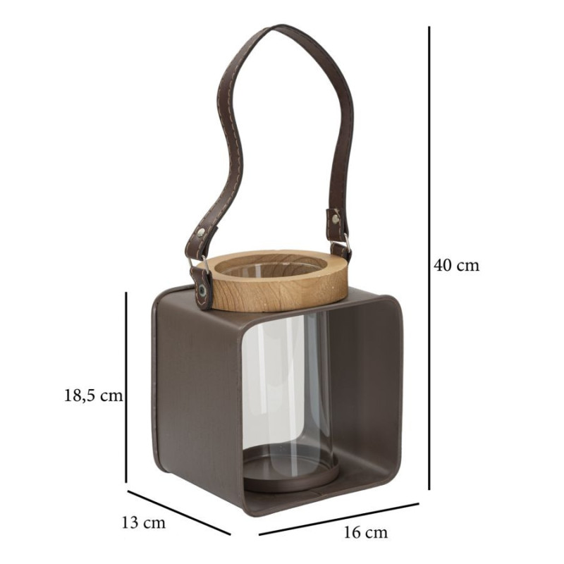 Photophore lanterne industrielle chic Métal Marron Verre Transparent Bois de sapin Naturel Glassy H18 cm 