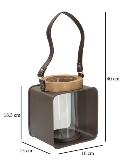 Photophore lanterne industrielle chic Métal Marron Verre Transparent Bois de sapin Naturel Glassy H18 cm 