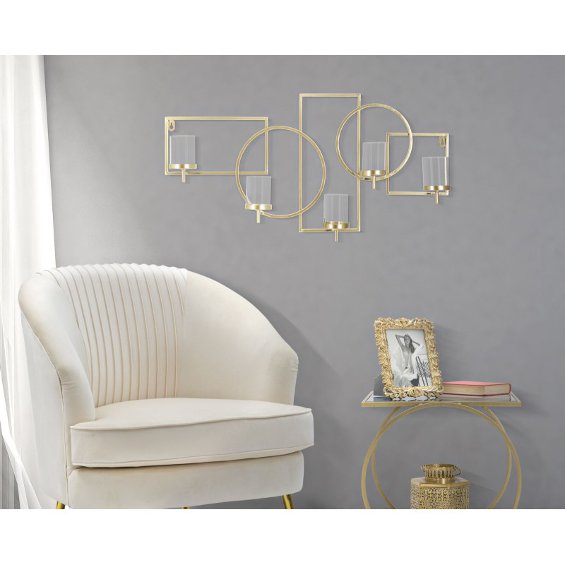 Grand Photophore mural design art déco 5 bougies Métal Doré Verre Transparent Marie 