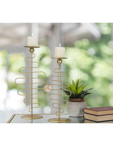 Lot de 2 Grands Bougeoirs design chic Métal Doré Alid 