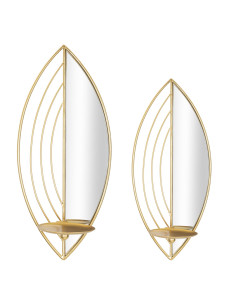 Lot de 2 Grands Bougeoirs muraux design chic Feuilles Métal Doré Miroir Leaf 