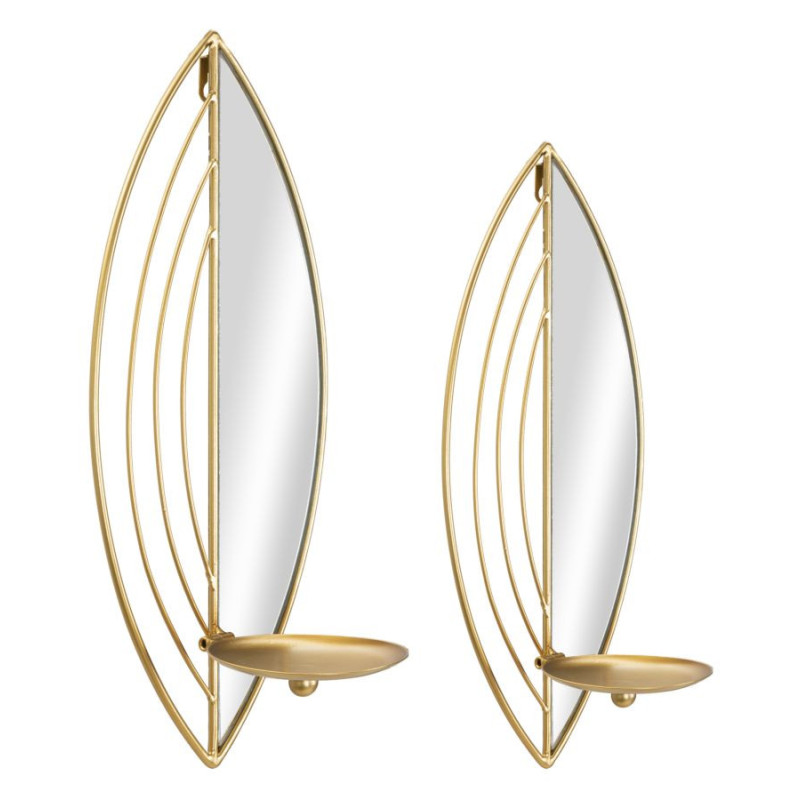 Lot de 2 Grands Bougeoirs muraux design chic Feuilles Métal Doré Miroir Leaf 