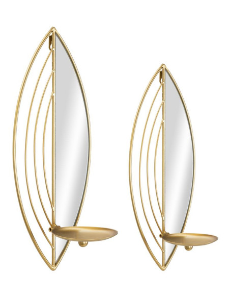 Lot de 2 Grands Bougeoirs muraux design chic Feuilles Métal Doré Miroir Leaf 