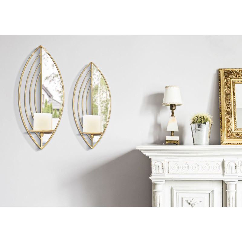 Lot de 2 Grands Bougeoirs muraux design chic Feuilles Métal Doré Miroir Leaf 