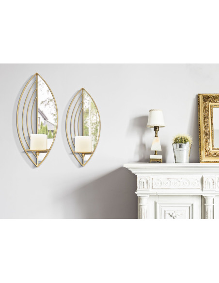 Lot de 2 Grands Bougeoirs muraux design chic Feuilles Métal Doré Miroir Leaf 