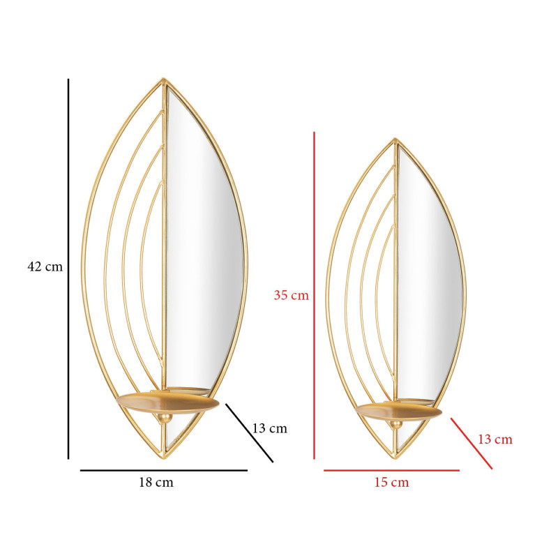 Lot de 2 Grands Bougeoirs muraux design chic Feuilles Métal Doré Miroir Leaf 