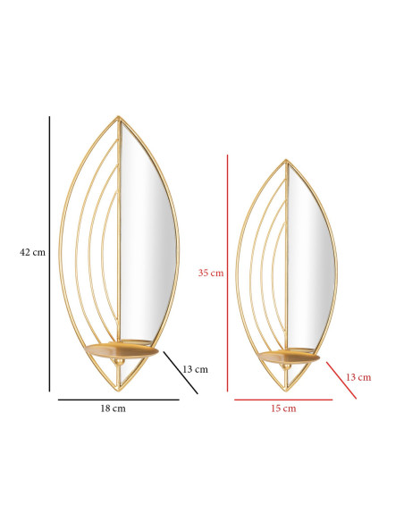 Lot de 2 Grands Bougeoirs muraux design chic Feuilles Métal Doré Miroir Leaf 