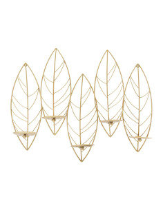 Grand Bougeoir mural design chic Feuilles 5 bougies Métal Doré Leaf 66 cm 