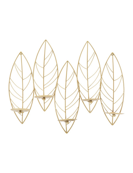 Grand Bougeoir mural design chic Feuilles 5 bougies Métal Doré Leaf 66 cm 