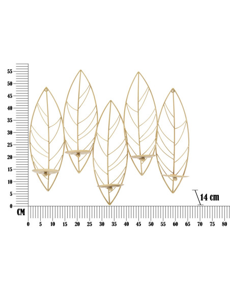 Grand Bougeoir mural design chic Feuilles 5 bougies Métal Doré Leaf 66 cm 