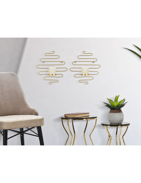 Lot de 2 Grands Bougeoirs muraux design chic Lignes Métal Doré Alid 