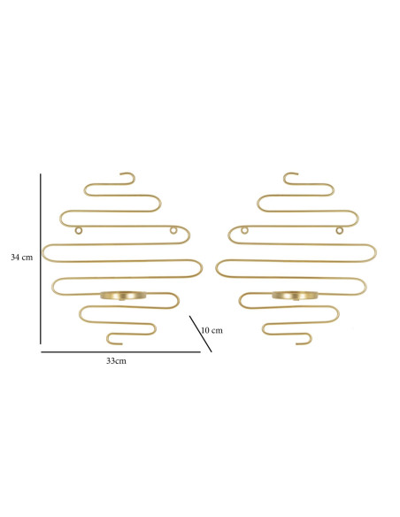 Lot de 2 Grands Bougeoirs muraux design chic Lignes Métal Doré Alid 