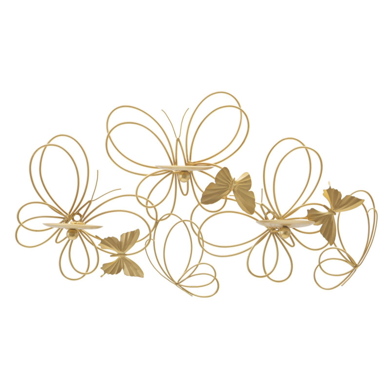 Grand Bougeoir mural design chic Papillons 3 bougies Métal Doré Farfalle 61 cm 
