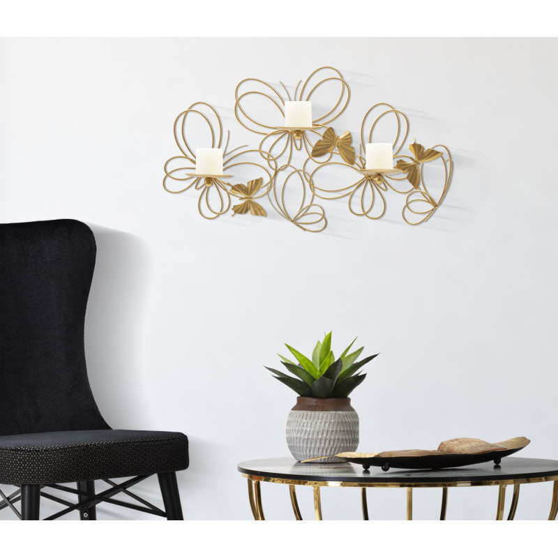 Grand Bougeoir mural design chic Papillons 3 bougies Métal Doré Farfalle 61 cm 