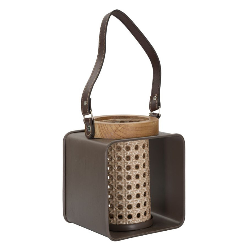 Photophore lanterne industrielle chic Métal Marron Naturel Effet cannage Bois de sapin Rattany H 20 cm 