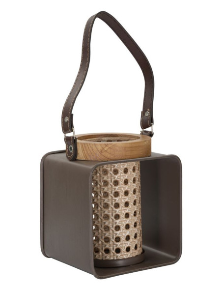 Photophore lanterne industrielle chic Métal Marron Naturel Effet cannage Bois de sapin Rattany H 20 cm 