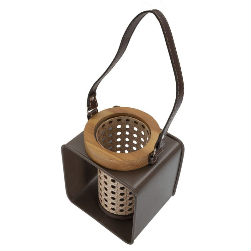 Photophore lanterne industrielle chic Métal Marron Naturel Effet cannage Bois de sapin Rattany H 20 cm 