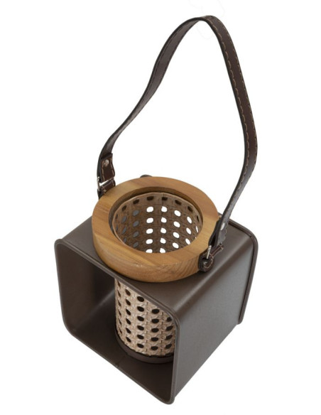 Photophore lanterne industrielle chic Métal Marron Naturel Effet cannage Bois de sapin Rattany H 20 cm 