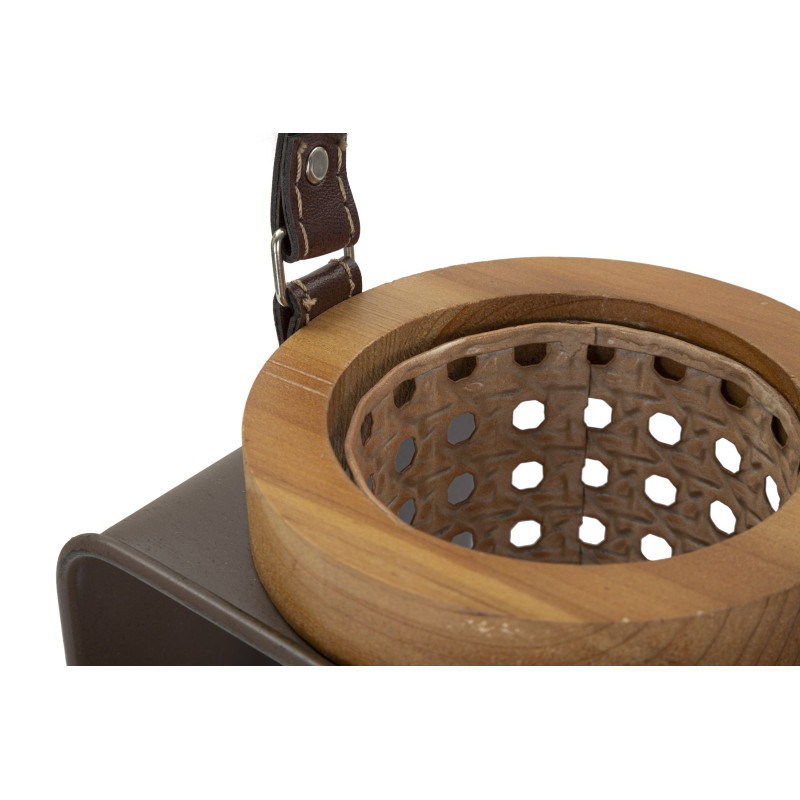 Photophore lanterne industrielle chic Métal Marron Naturel Effet cannage Bois de sapin Rattany H 20 cm 