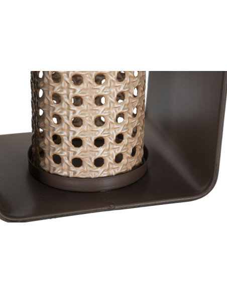 Photophore lanterne industrielle chic Métal Marron Naturel Effet cannage Bois de sapin Rattany H 20 cm 