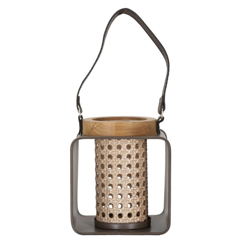 Photophore lanterne industrielle chic Métal Marron Naturel Effet cannage Bois de sapin Rattany H 20 cm 