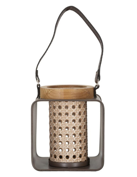 Photophore lanterne industrielle chic Métal Marron Naturel Effet cannage Bois de sapin Rattany H 20 cm 
