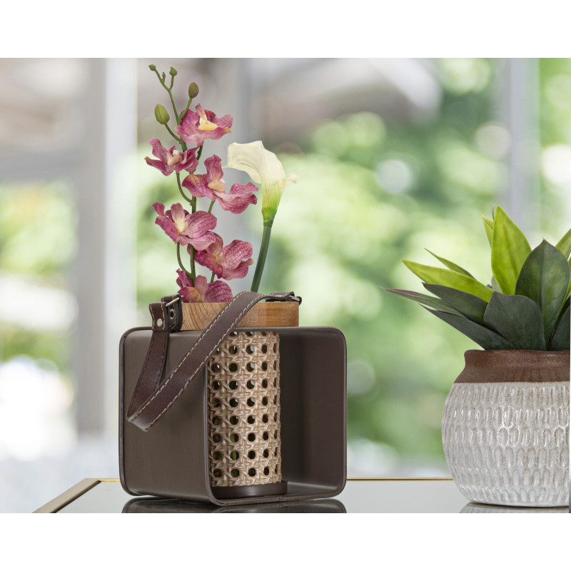 Photophore lanterne industrielle chic Métal Marron Naturel Effet cannage Bois de sapin Rattany H 20 cm 