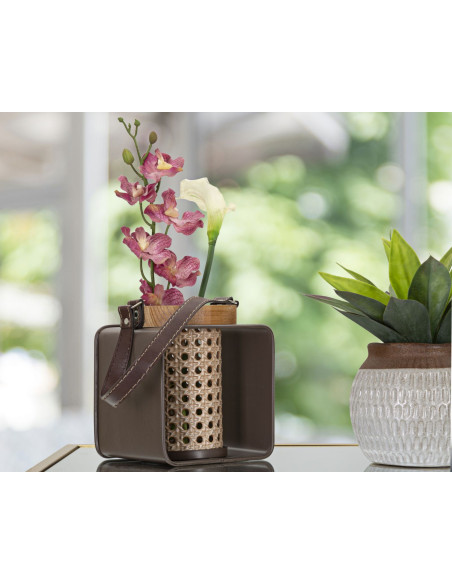 Photophore lanterne industrielle chic Métal Marron Naturel Effet cannage Bois de sapin Rattany H 20 cm 