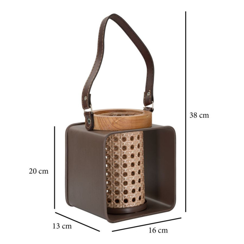 Photophore lanterne industrielle chic Métal Marron Naturel Effet cannage Bois de sapin Rattany H 20 cm 