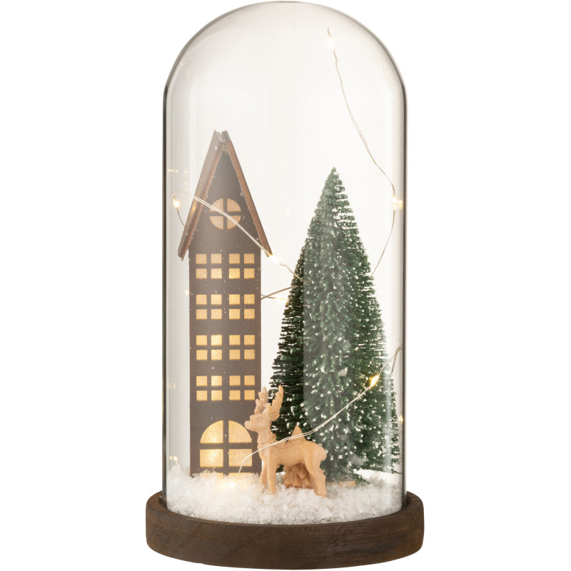 Décoration de Noël lumineuse Led XL Sapin & Immeuble sous cloche en Verre Transparent Bois Marron - 2