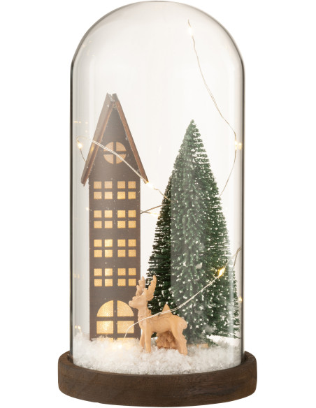Décoration de Noël lumineuse Led XL Sapin & Immeuble sous cloche en Verre Transparent Bois Marron - 2