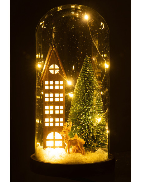 Décoration de Noël lumineuse Led XL Sapin & Immeuble sous cloche en Verre Transparent Bois Marron - 3