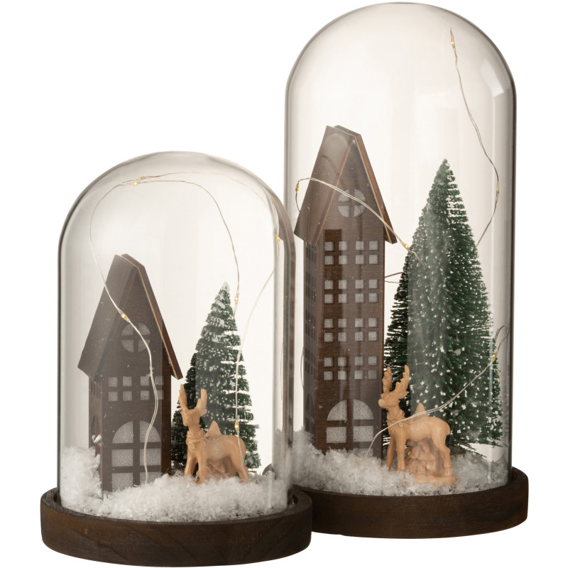 Décoration de Noël lumineuse Led XL Sapin & Immeuble sous cloche en Verre Transparent Bois Marron - 4